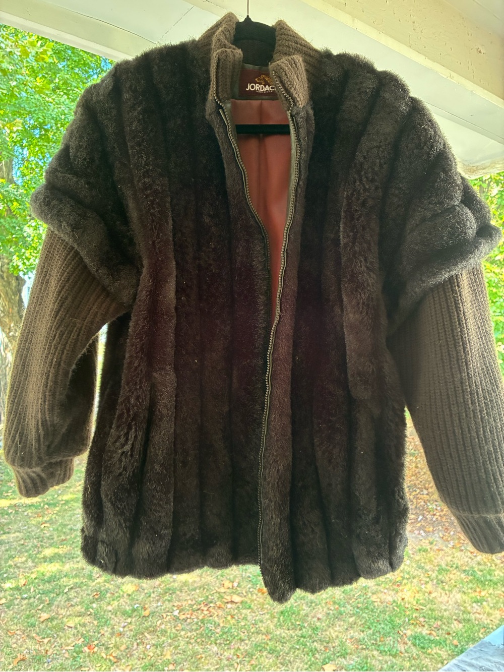 Jordache Dark Brown Plush Faux Fur & Knit Sleeve Zip Jacket